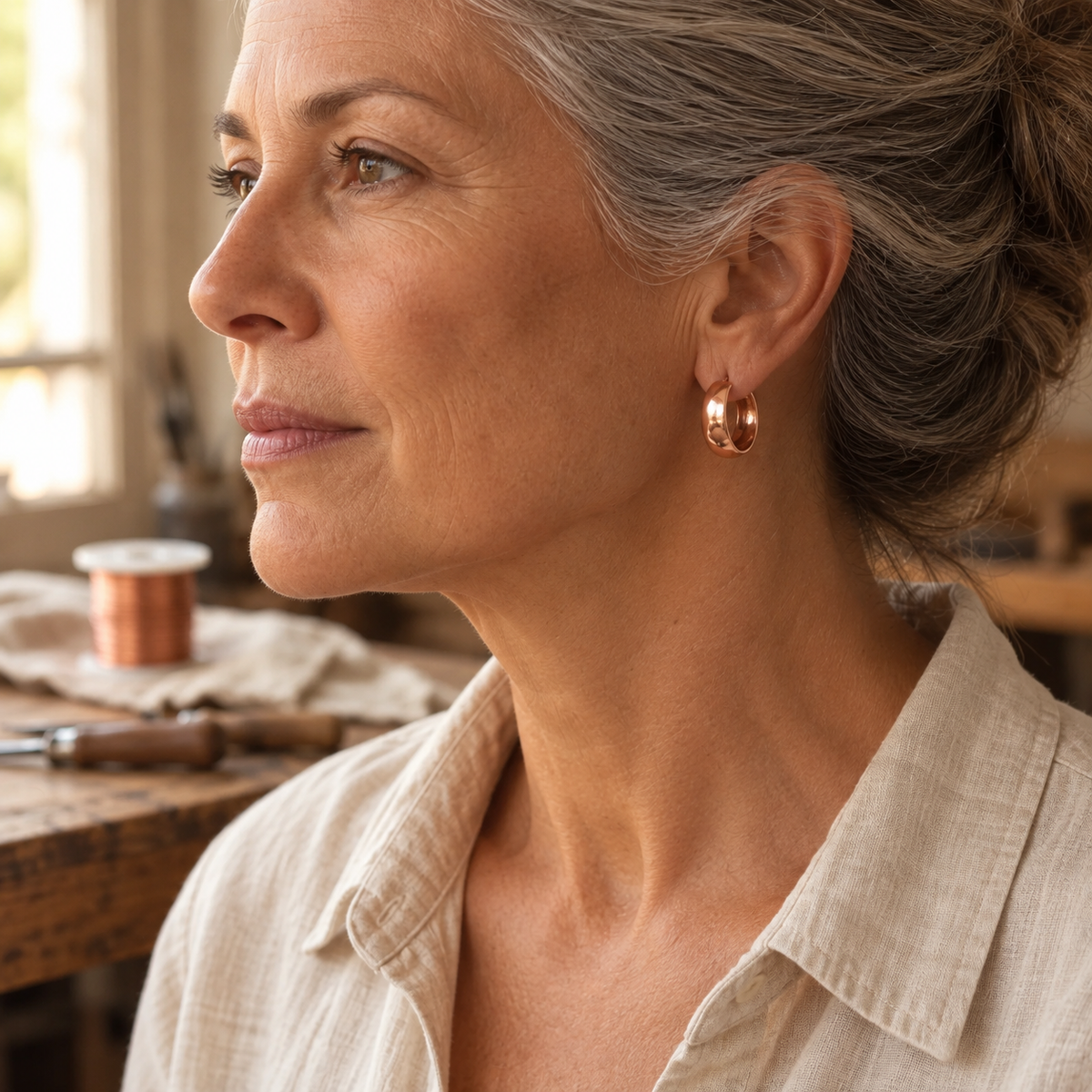 Copper Hoop Earrings, Chunky Polished Pure Copper, Rose Gold Tone — Handcrafted Statement Hoops — view 2