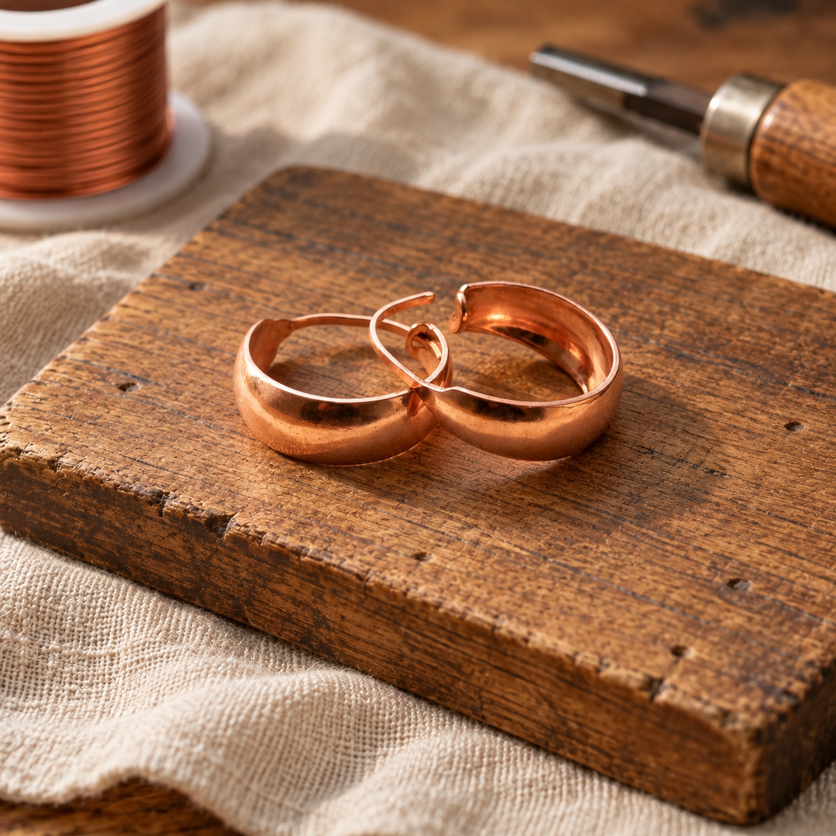 Copper Hoop Earrings, Chunky Polished Pure Copper, Rose Gold Tone — Handcrafted Statement Hoops — main image