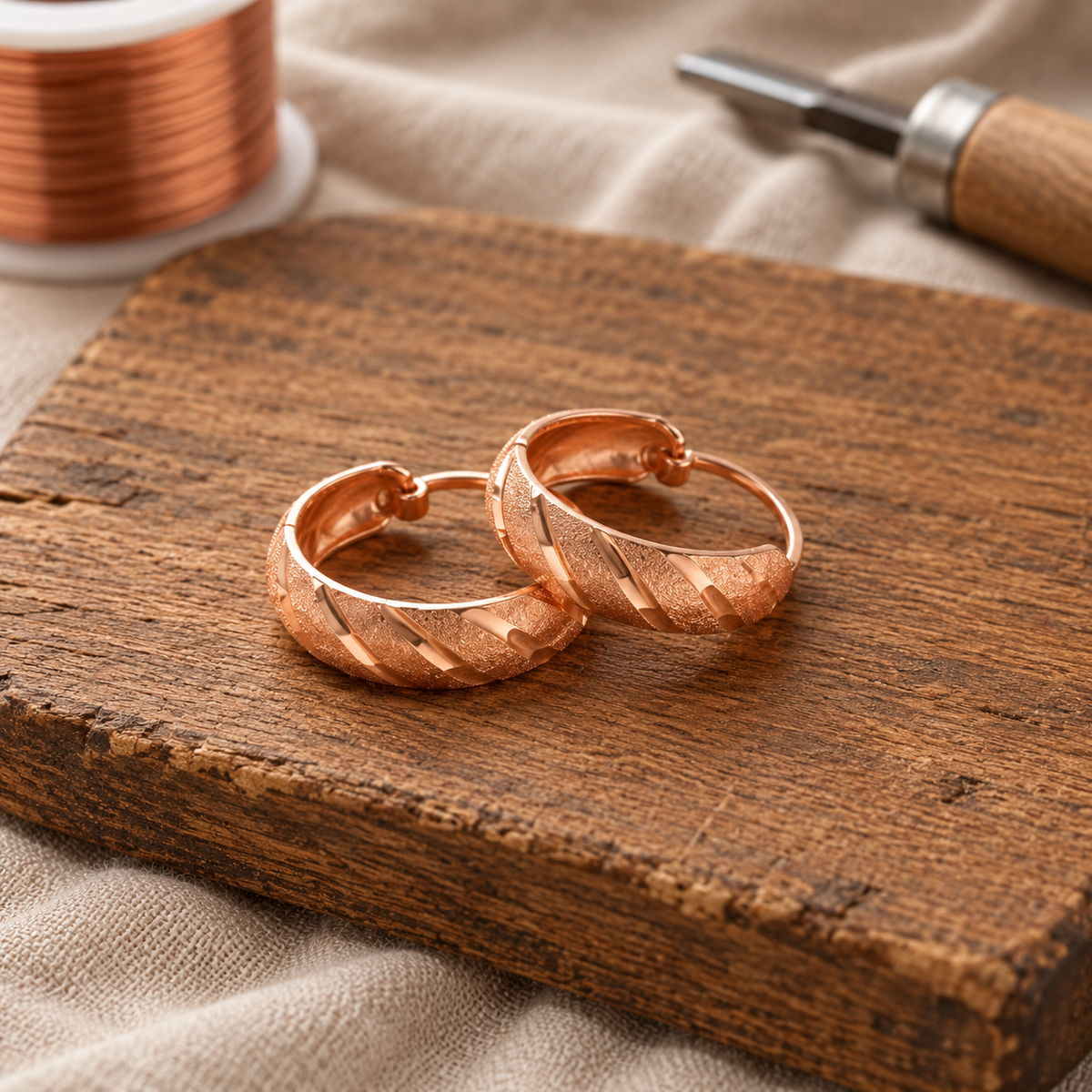 Pure Copper Hoop Earrings with Hammered Diagonal Ridge Texture, Hinged Huggie Closure — main image