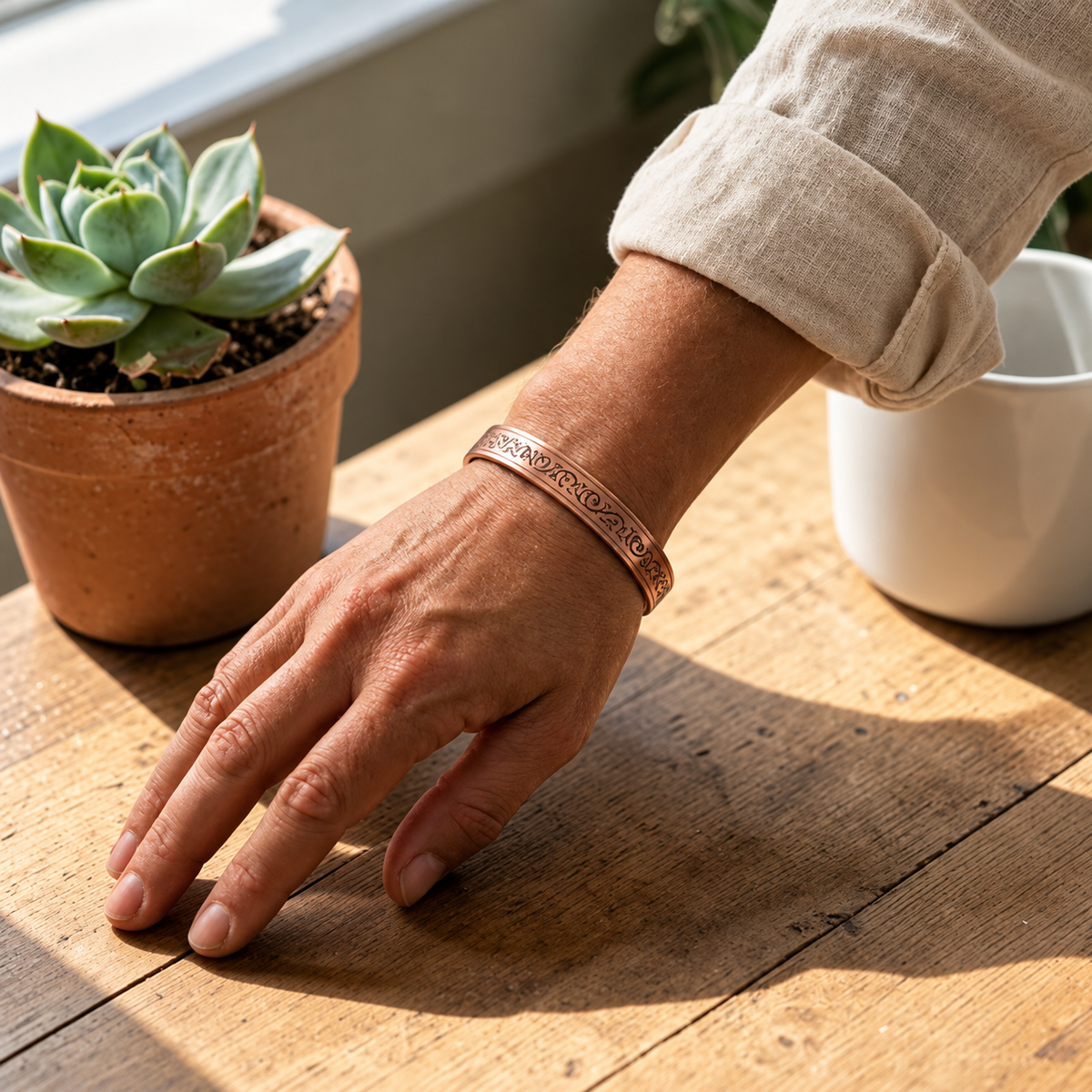 Copper Cuff Bracelet with Ornate Scrollwork and Circular Cutout Detail, Adjustable Fit — view 2