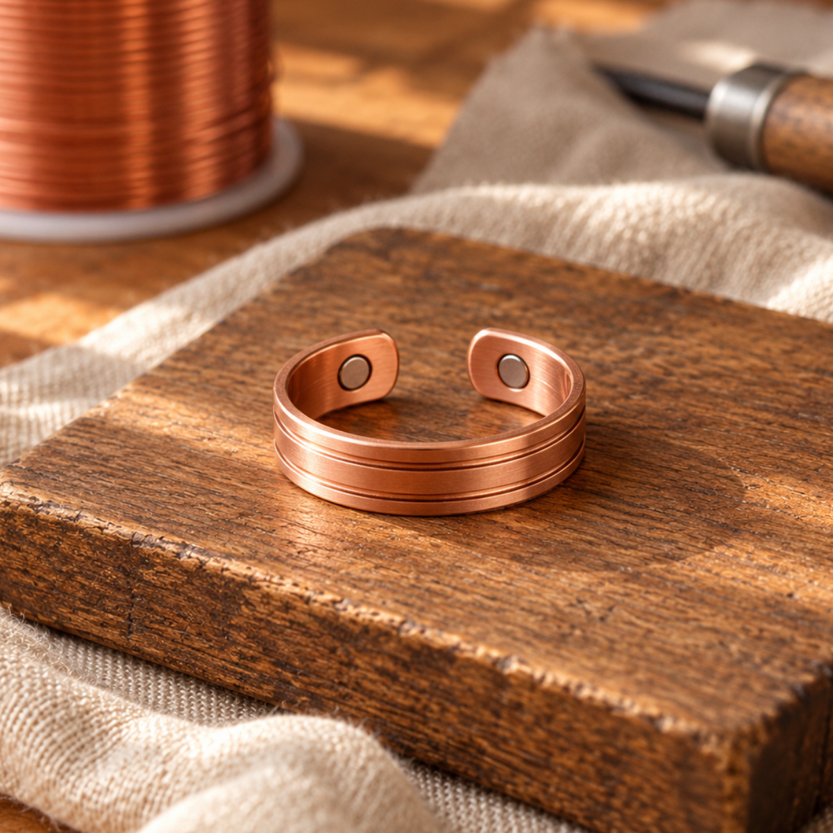 Cuff Ring Rose Copper Tone Pure Copper Adjustable Ridged Band — Hand-Shaped Copper Ring — main image