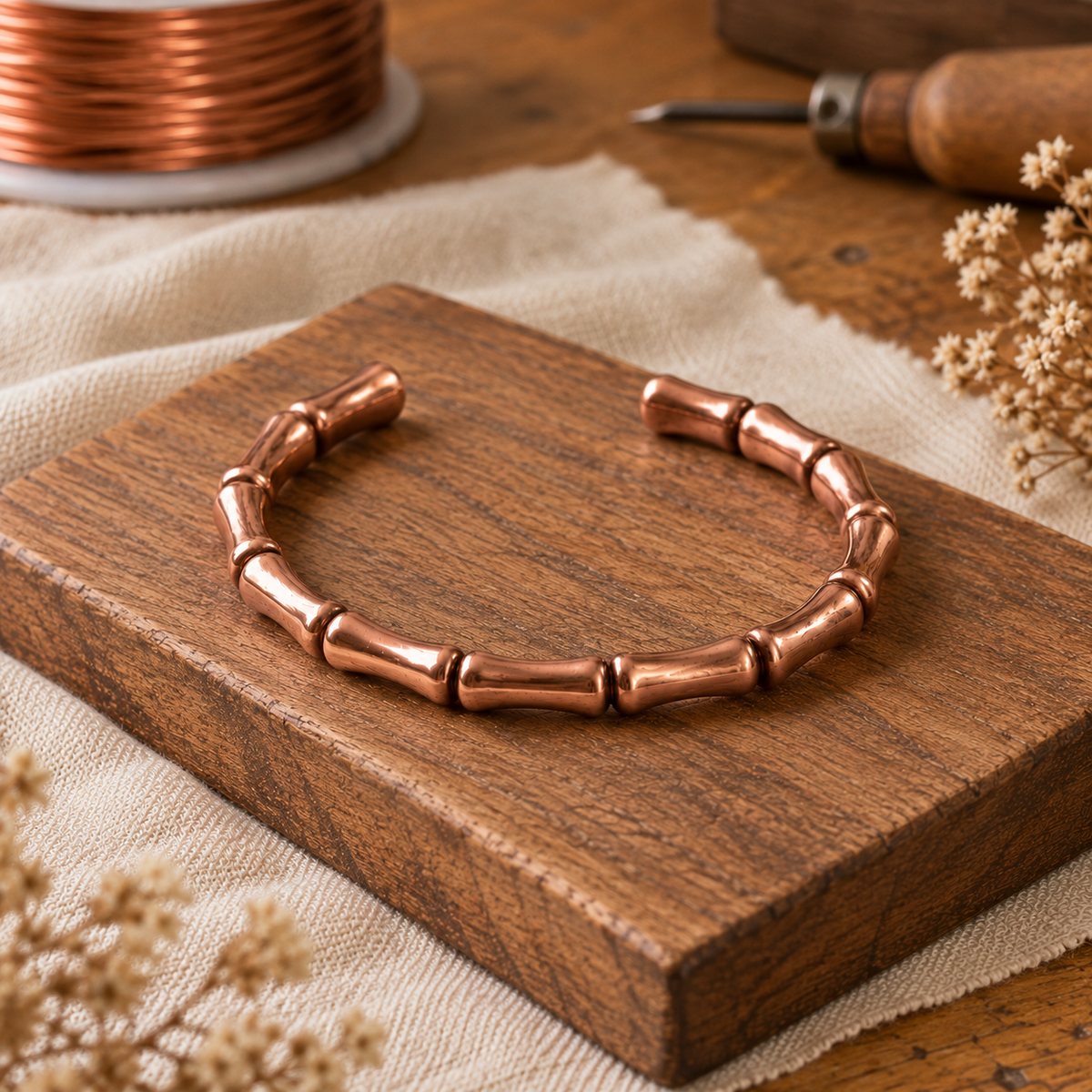 Copper Beaded Bracelet with Hand-Shaped Polished Beads, Adjustable Fit — main image