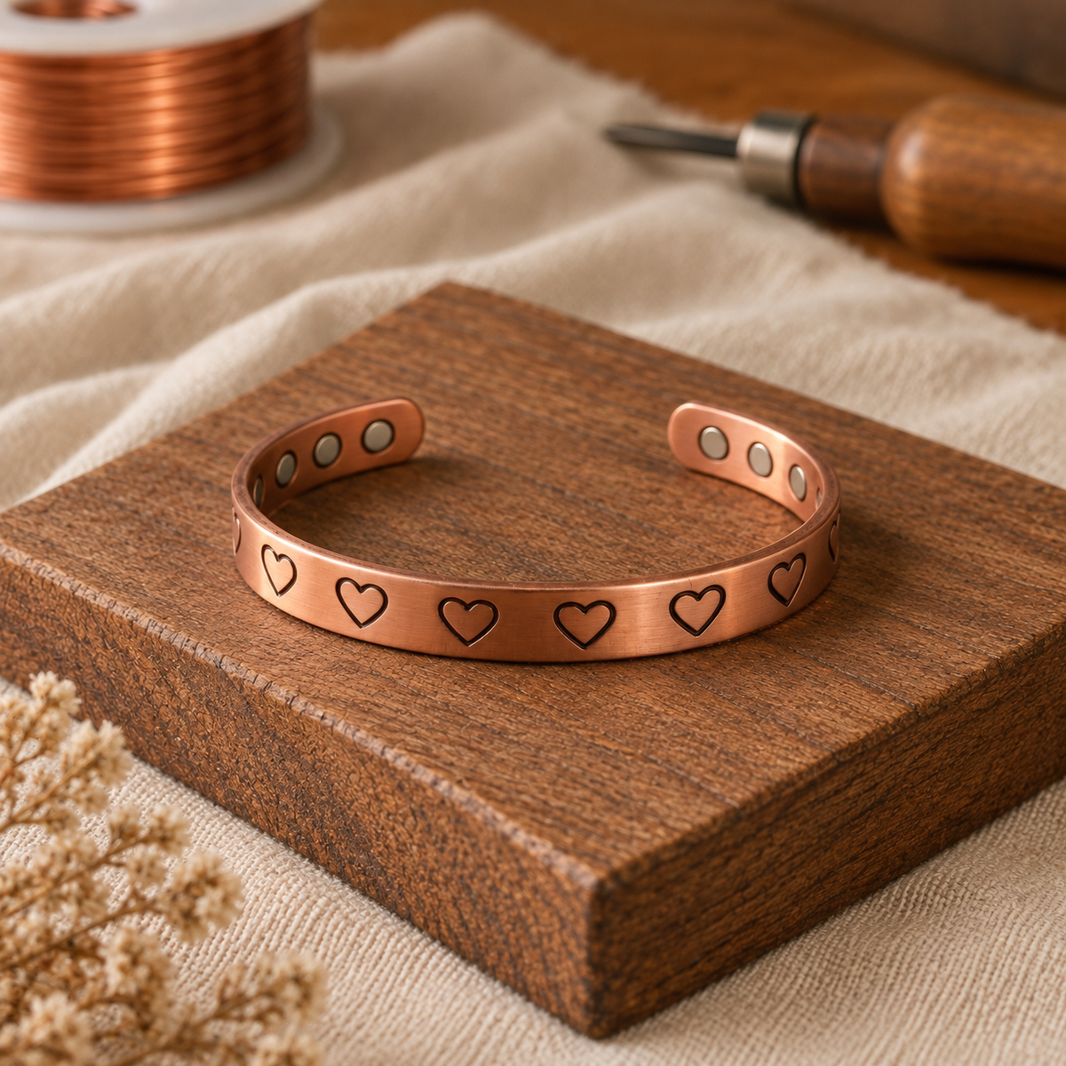 Cuff Bracelet Copper Heart Motif Engraved Design — Handmade Adjustable Pure Copper Bracelet — main image
