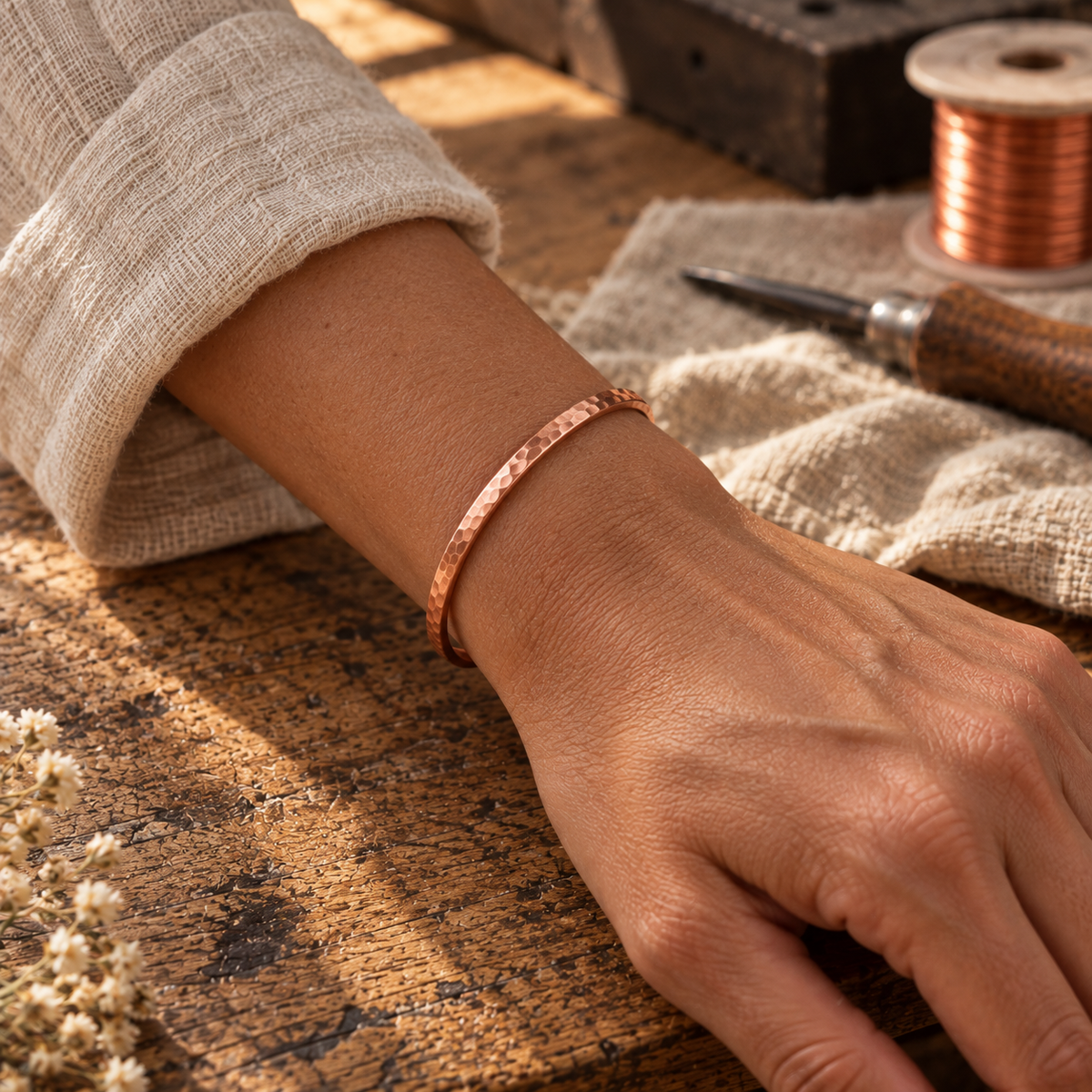 Hand-Hammered Copper Cuff Bracelet, 99.9% Pure Copper, Adjustable Open Cuff — view 2