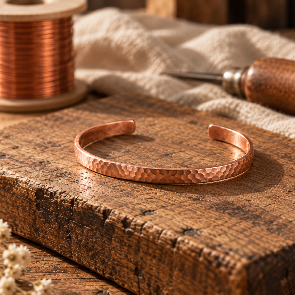 Hand-Hammered Copper Cuff Bracelet, 99.9% Pure Copper, Adjustable Open Cuff — main image