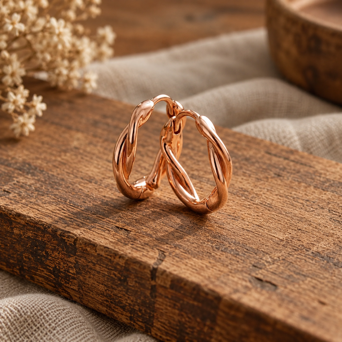 Twisted Copper Hoop Earrings, Rose Gold Tone, Pure Copper Spiral Design — main image