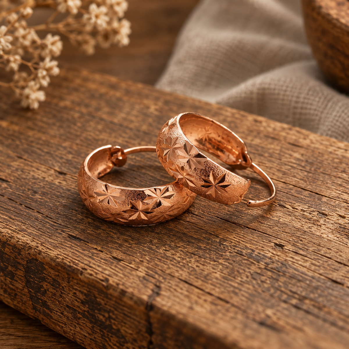 Copper Hoop Earrings with Star-Etched Pattern, 99.9% Pure Copper — Handcrafted Lever-Back Hoops — main image