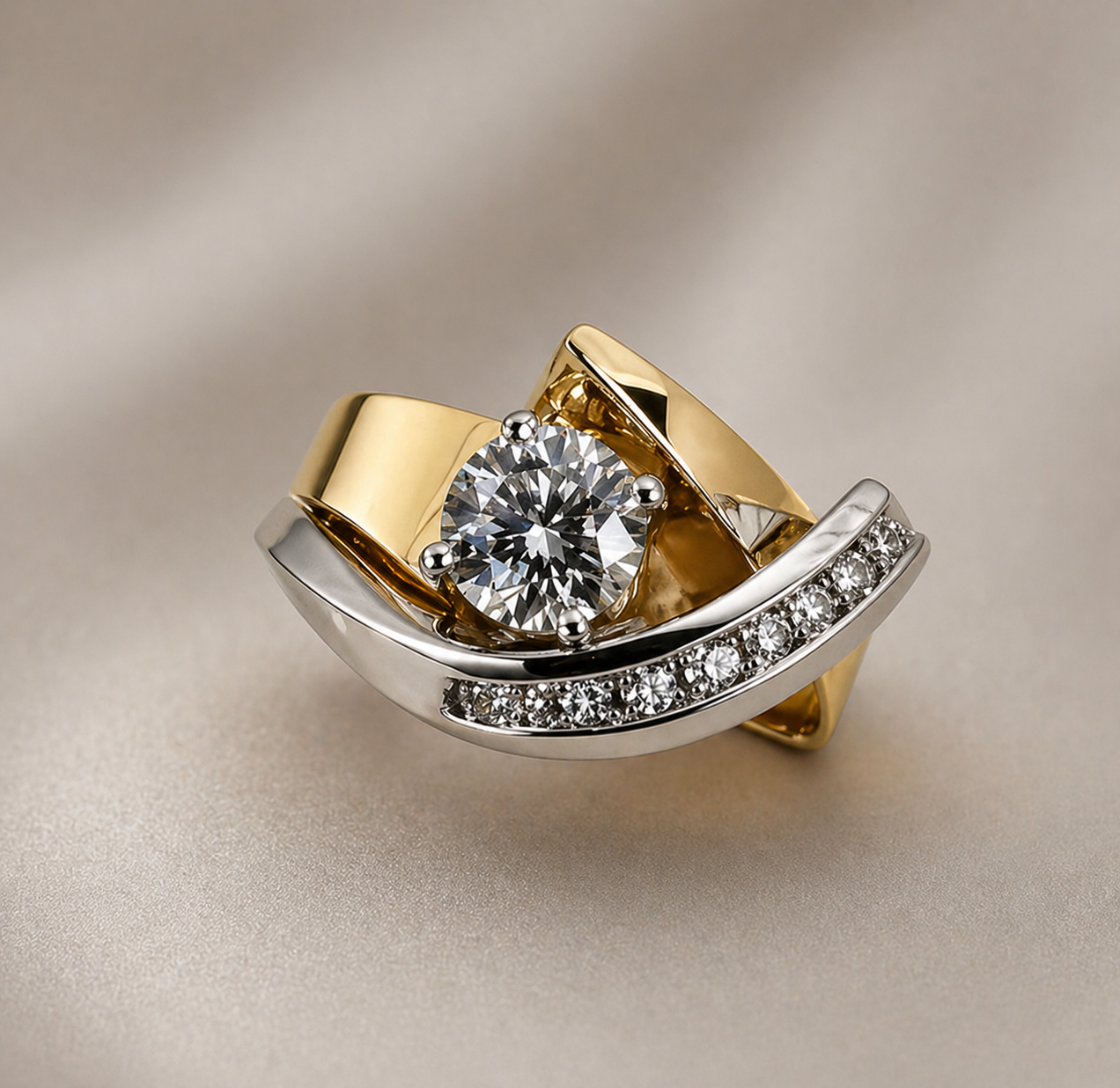 Vintage Irregular Gold Silver Zirconia Ring