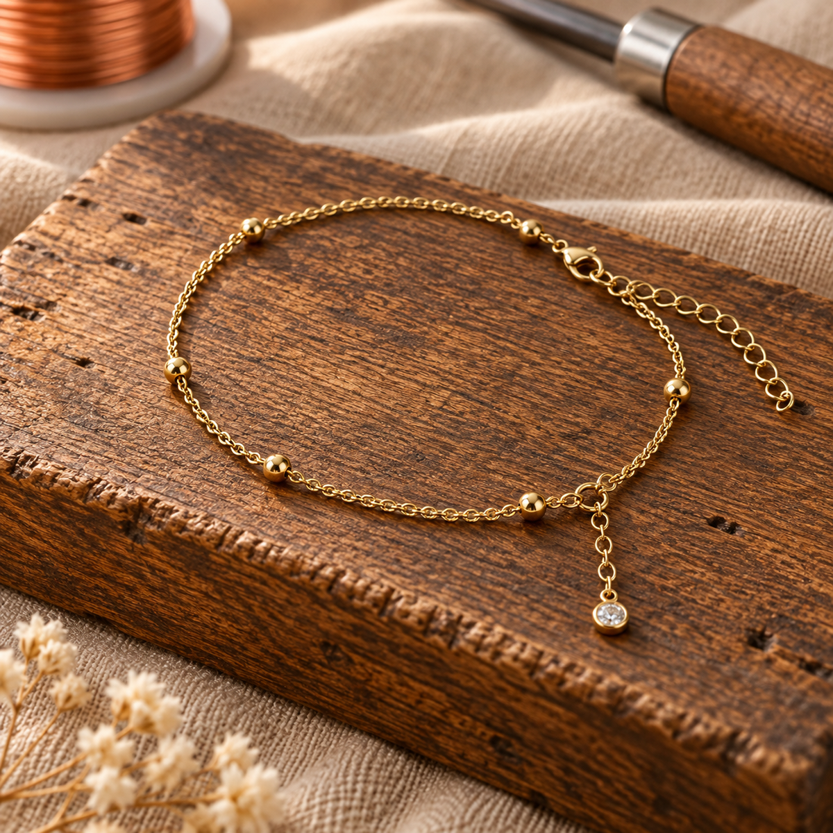Gold-Tone Copper Anklet with Crystal Charm and Beaded Chain — Adjustable Ankle Bracelet — view 2