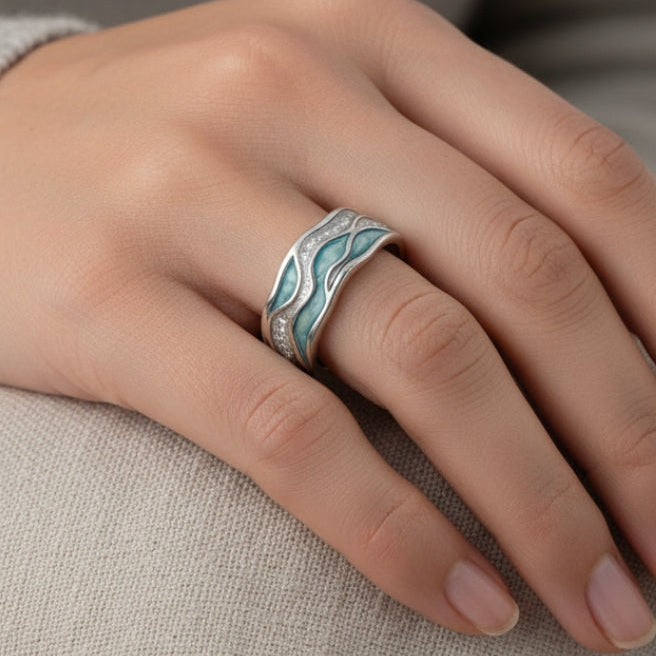 Turquoise Jewelry Set - Wave Ring, Leather Wrap Necklace and Silver-Tone Filigree Cuff - 3 Pieces