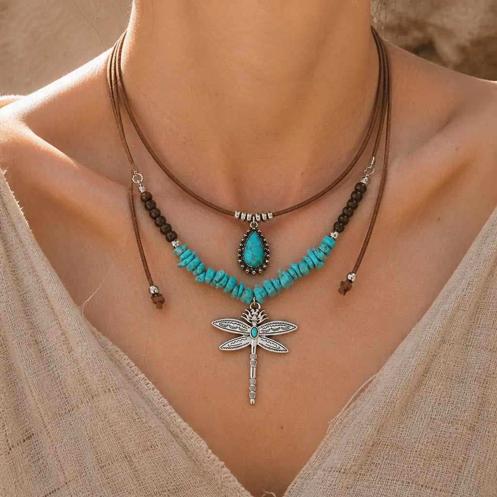 Dragonfly Turquoise Pendant Necklace on Layered Leather Cord — main image