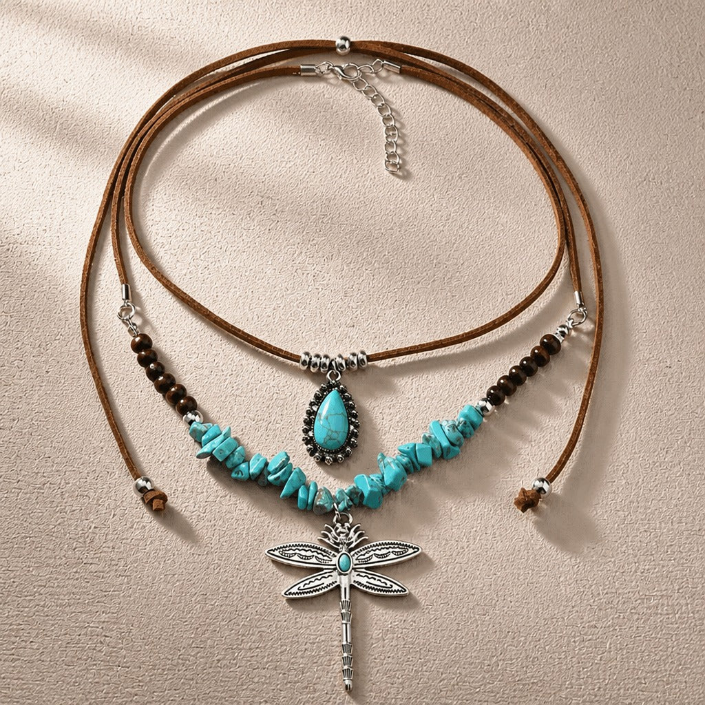 Dragonfly Turquoise Pendant Necklace on Layered Leather Cord — view 2