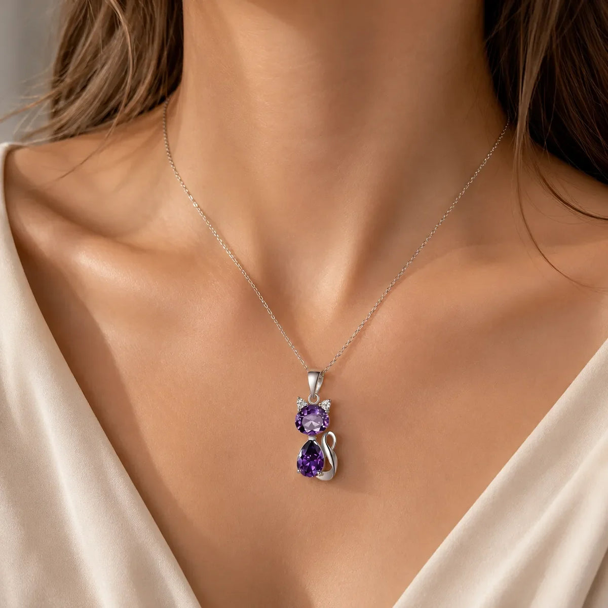 Cat Silhouette Amethyst Pendant Necklace with Silver-Tone Chain