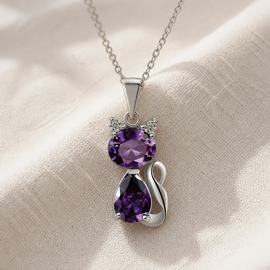 Cat Silhouette Amethyst Pendant Necklace with Silver-Tone Chain