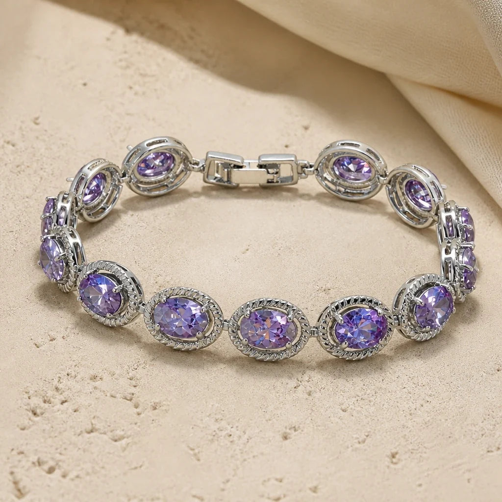 Oval Amethyst Link Bracelet with Rope-Twist Border Settings