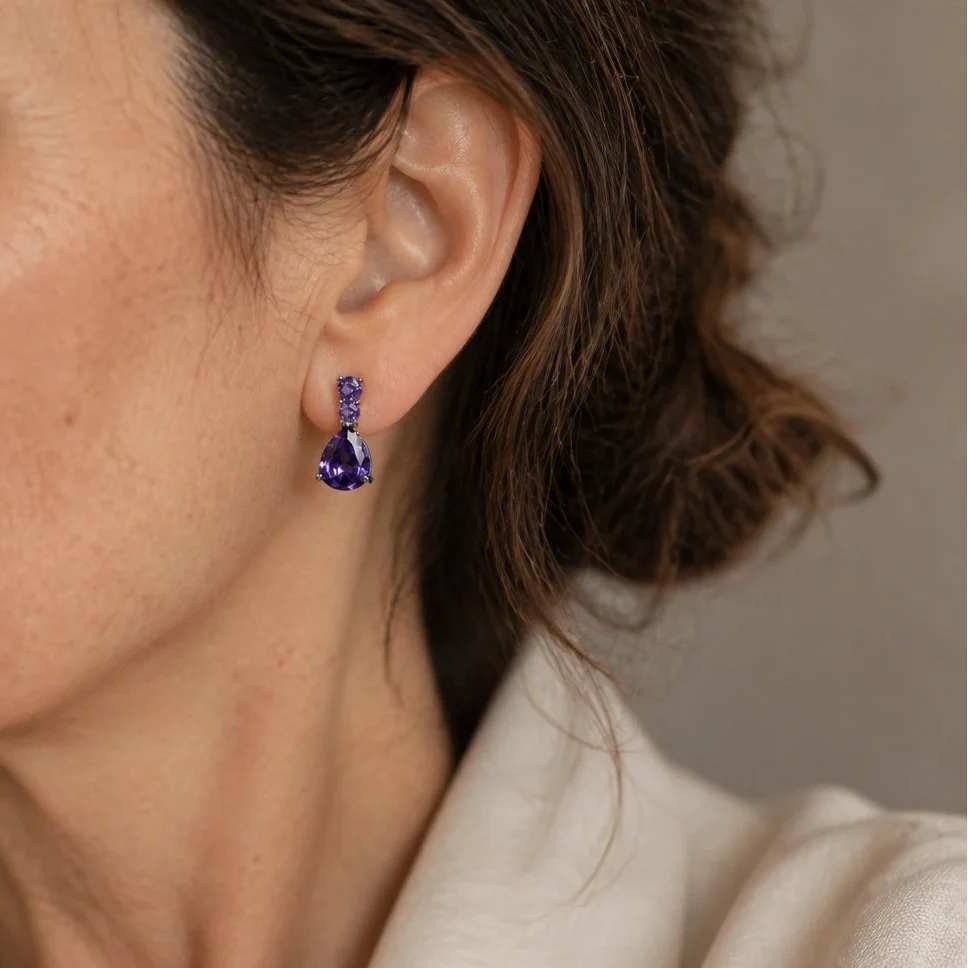 Teardrop Amethyst Drop Earrings with Multi-Stone Accent Bar