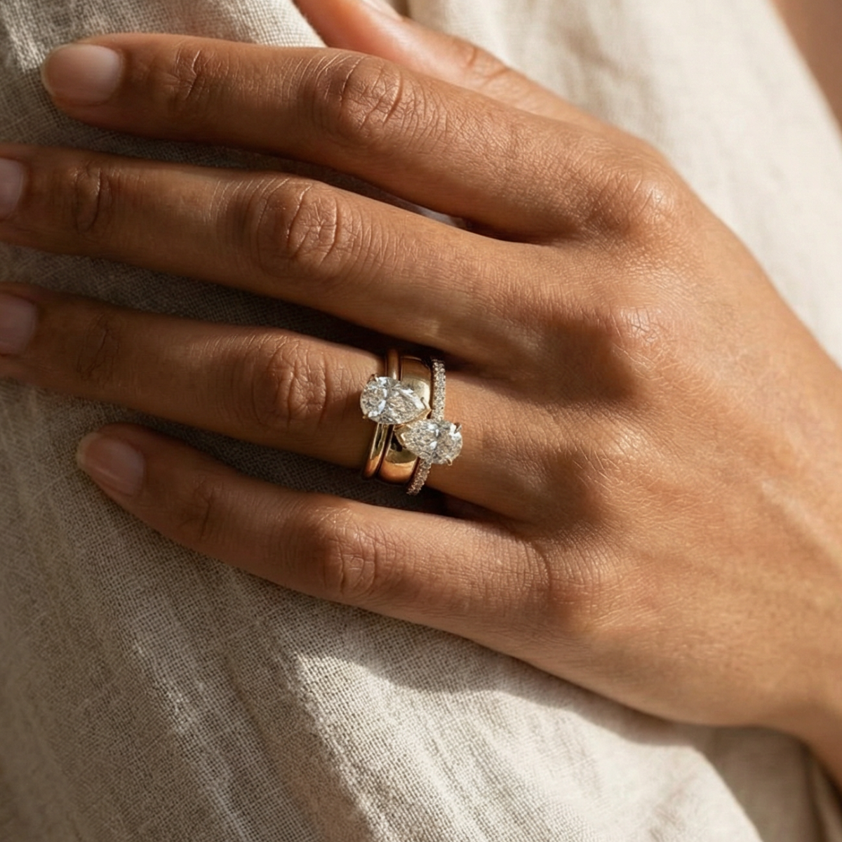 Gold-Tone Ring and Bracelet Set - Sculptural Zirconia Ring and Open Cuff Bangle - 2 Pieces