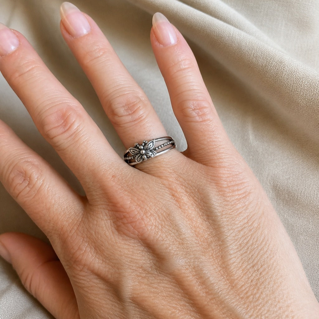 Engraved Butterfly Silver Ring with Oxidized Finish and Beaded Band — main image