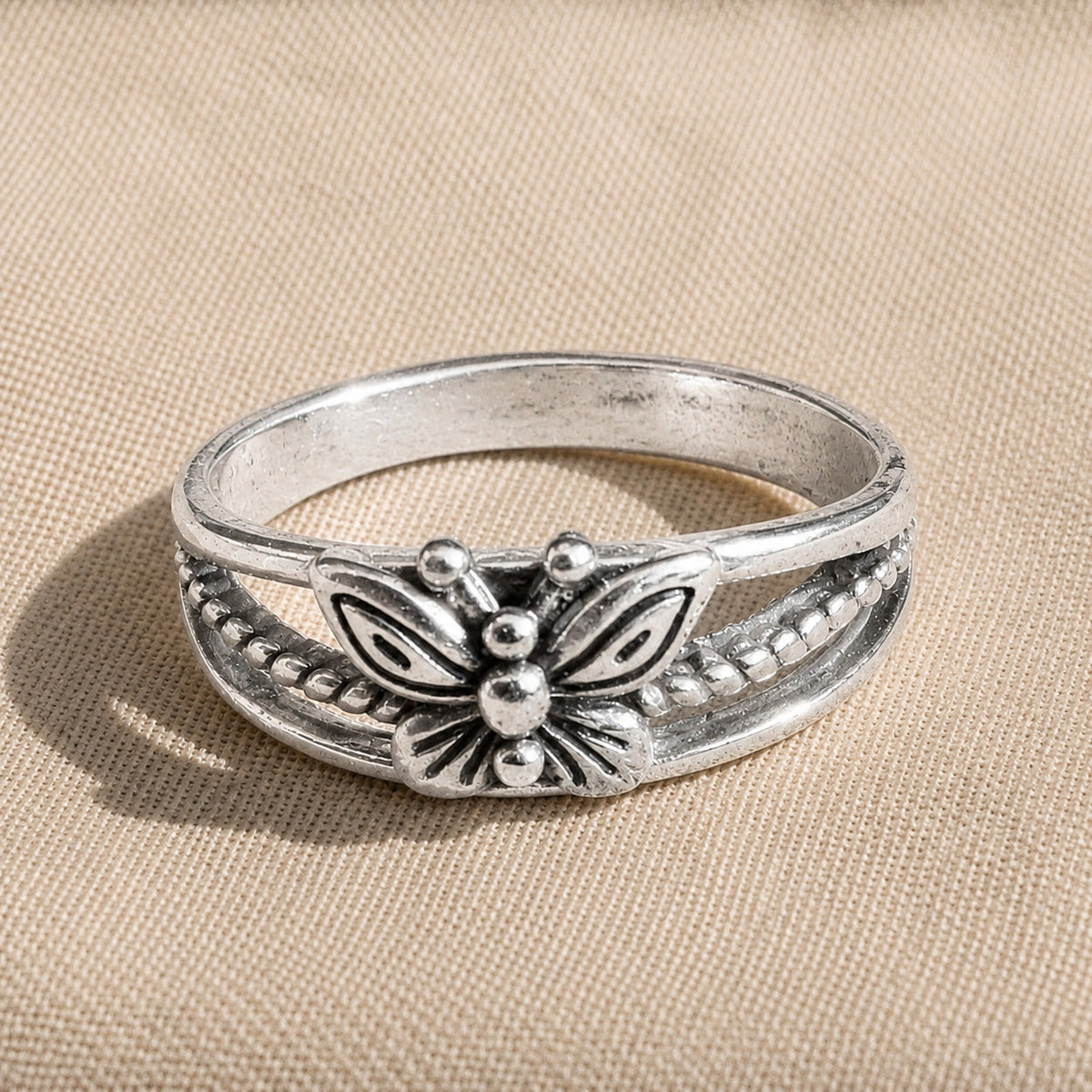 Engraved Butterfly Silver Ring with Oxidized Finish and Beaded Band — view 2