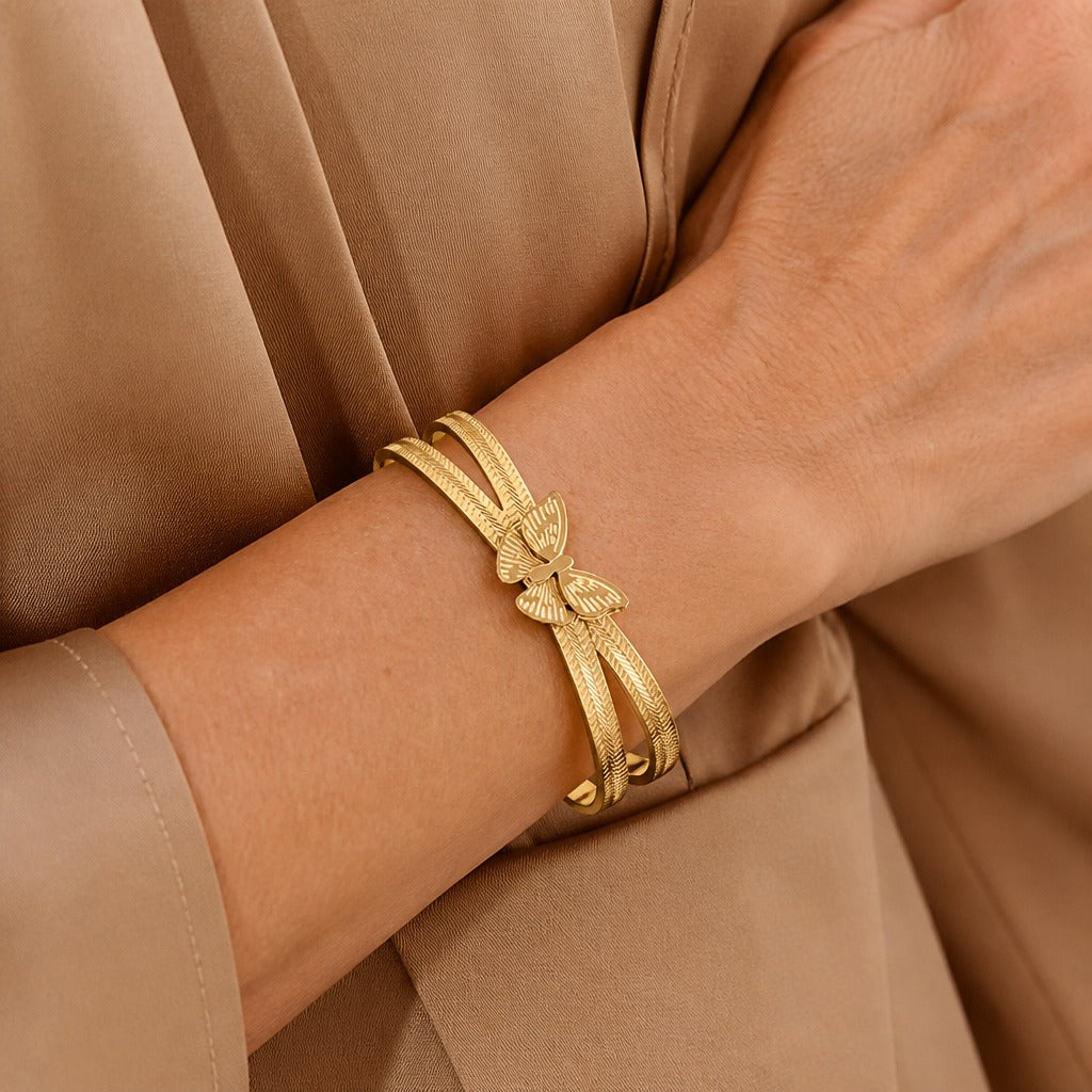 Butterfly Cuff Bracelet with Engraved Wings and Herringbone Band — view 3