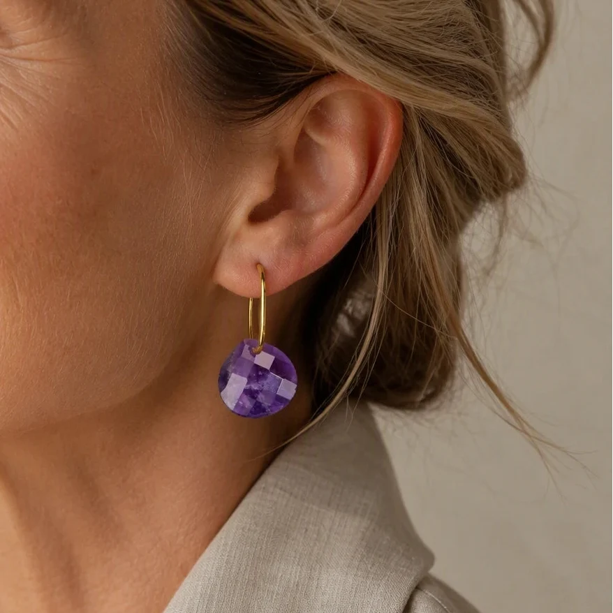 Faceted Teardrop Amethyst Drop Earrings in Gold Tone