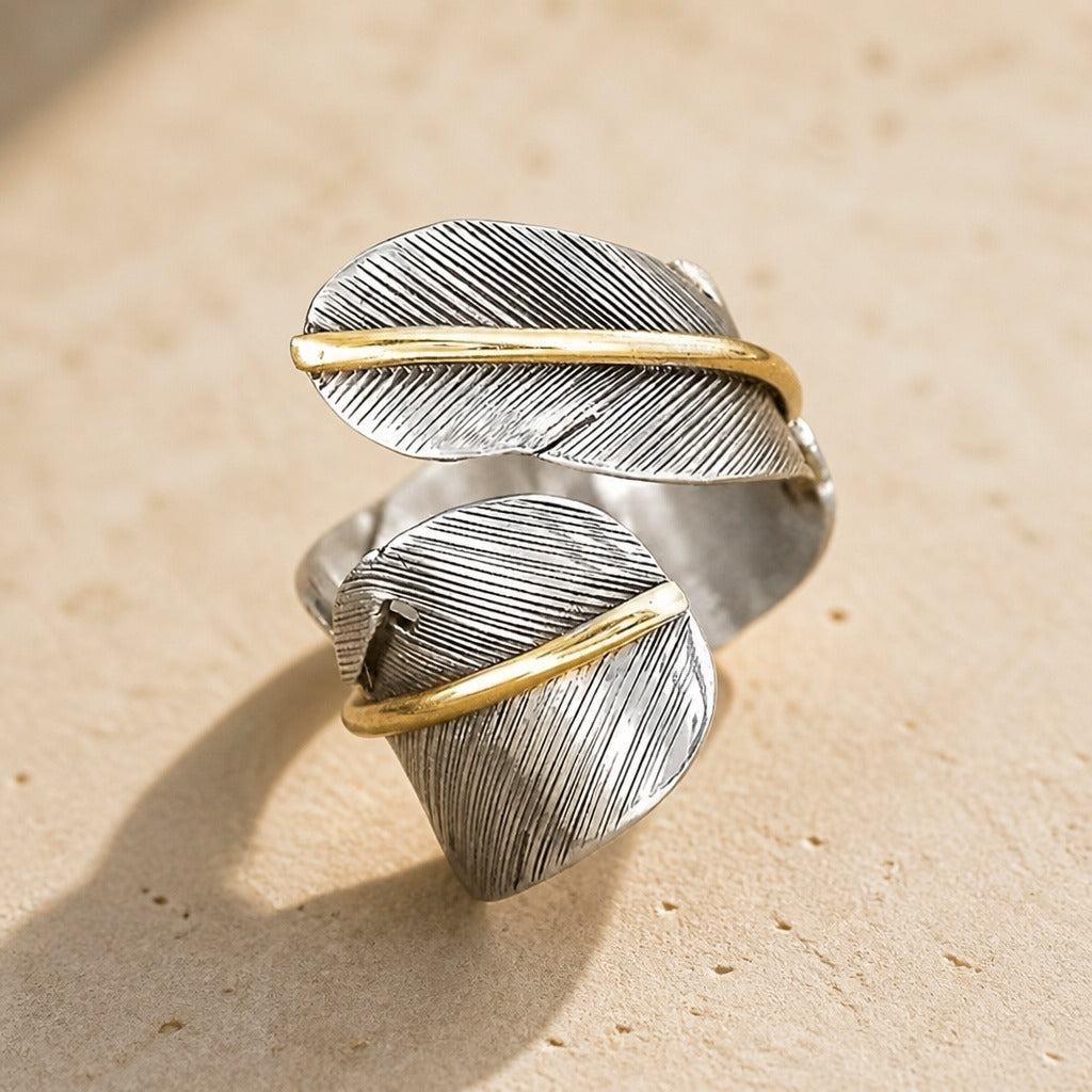 Adjustable Feather Wrap Ring with Gold-Tone Accents — view 2