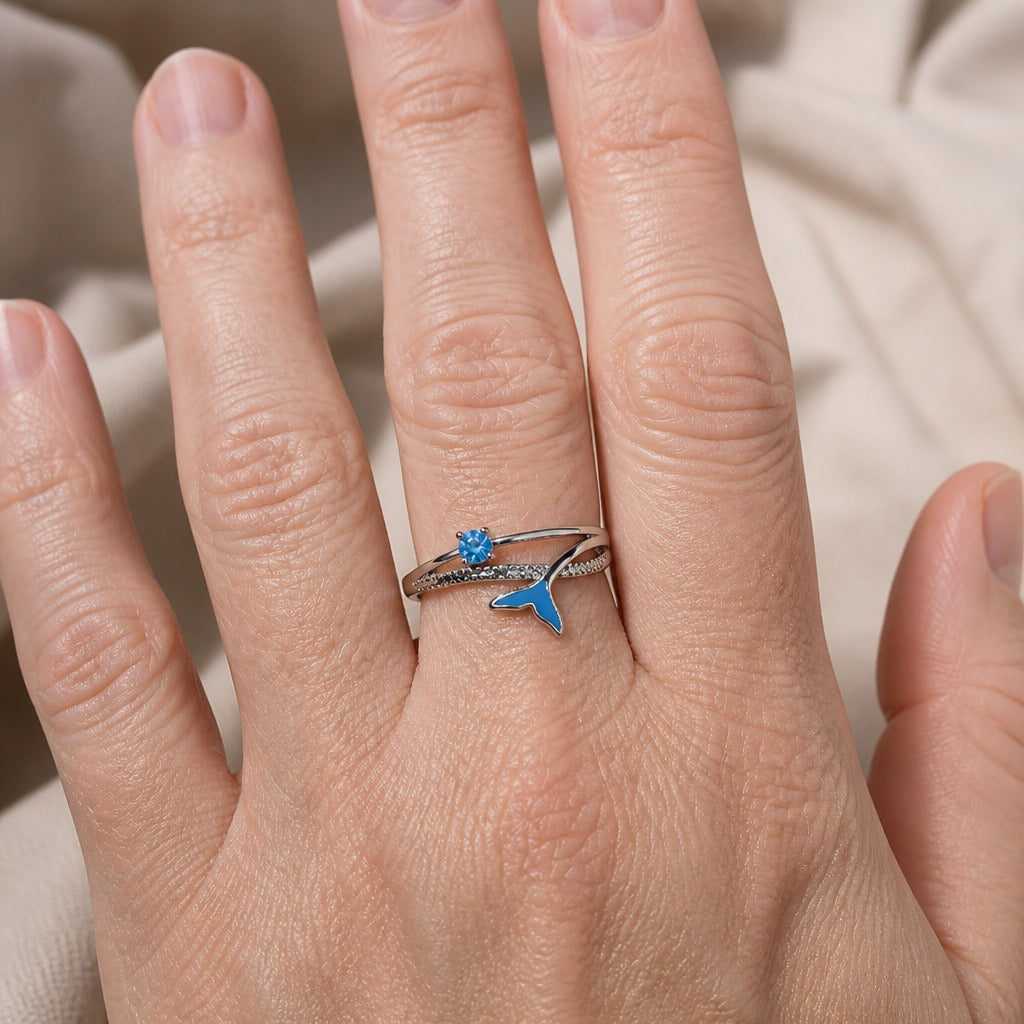 Fish Tail Blue Zirconia Ring with Openwork Silver-Tone Band — main image