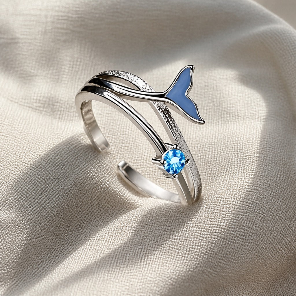 Fish Tail Blue Zirconia Ring with Openwork Silver-Tone Band — view 2