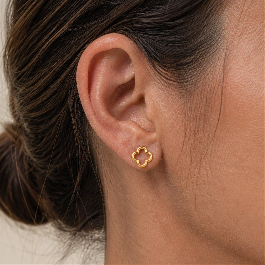 Four-Leaf Clover Stud Earrings, 18K Gold Plated Stainless Steel — main image