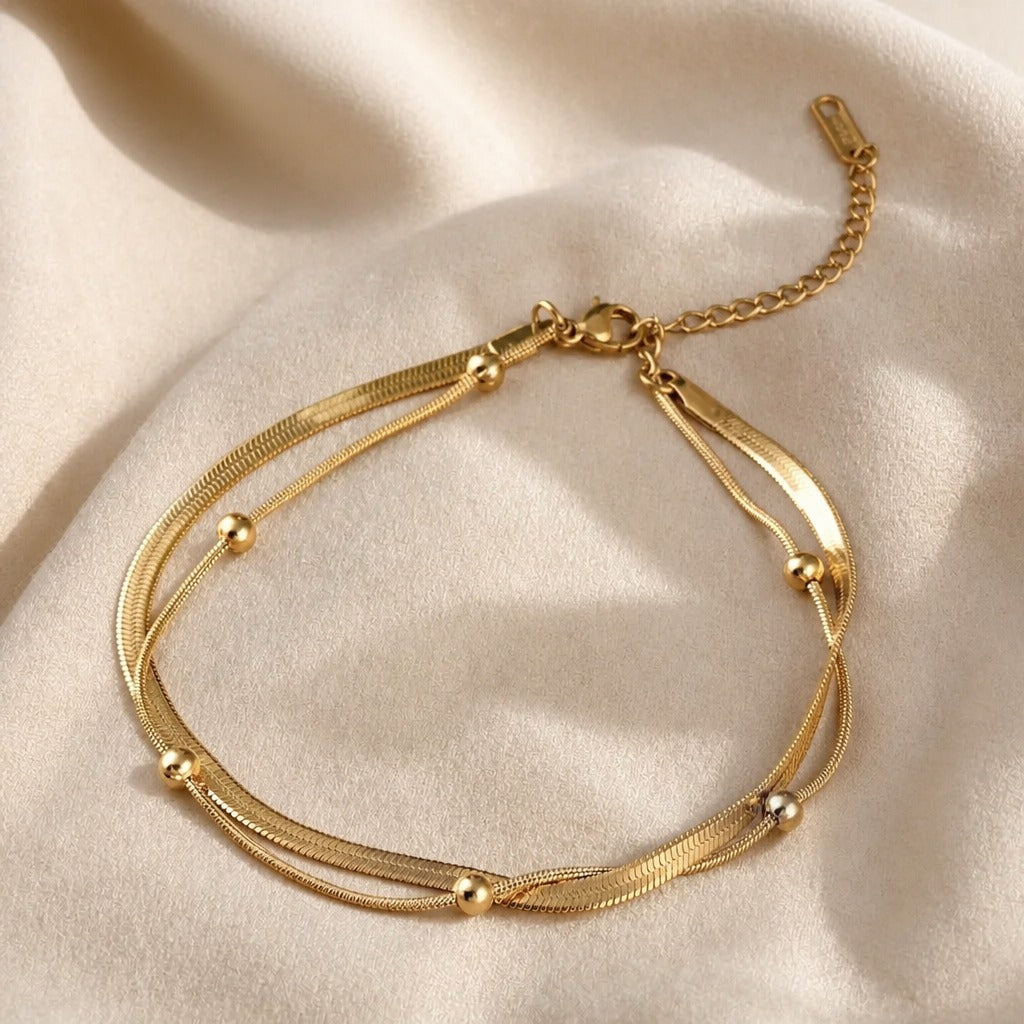 Three-Strand Layered Snake Chain Anklet with Gold Ball Bead Accents — view 2