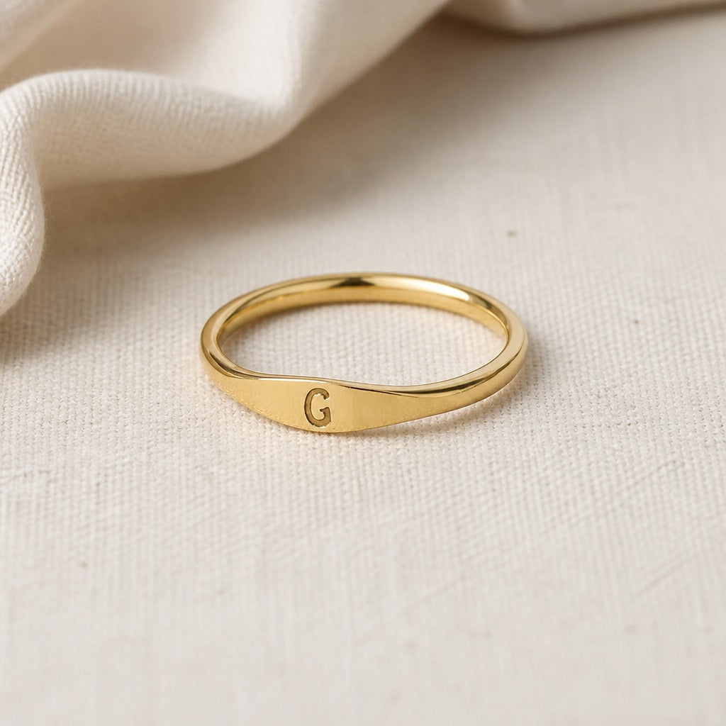 Personalized Initial Letter Signet Ring, Oval Band in Gold Tone — view 7