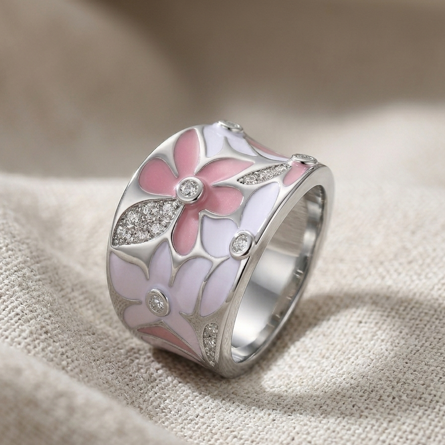 Pink & Lavender Floral Enamel Cocktail Ring with Stone Accents — main image