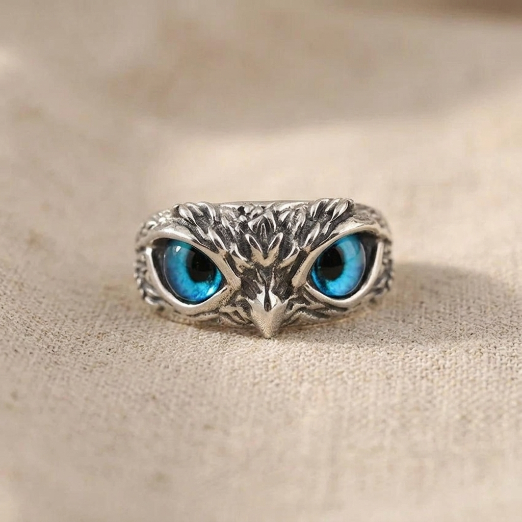 Owl of good luck adjustable ring in silver and opal