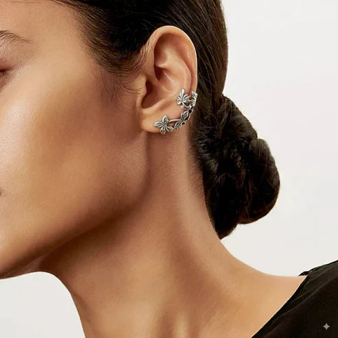Sculptural Botanical Leaf Ear Cuff Earrings, Silver-Tone — view 2