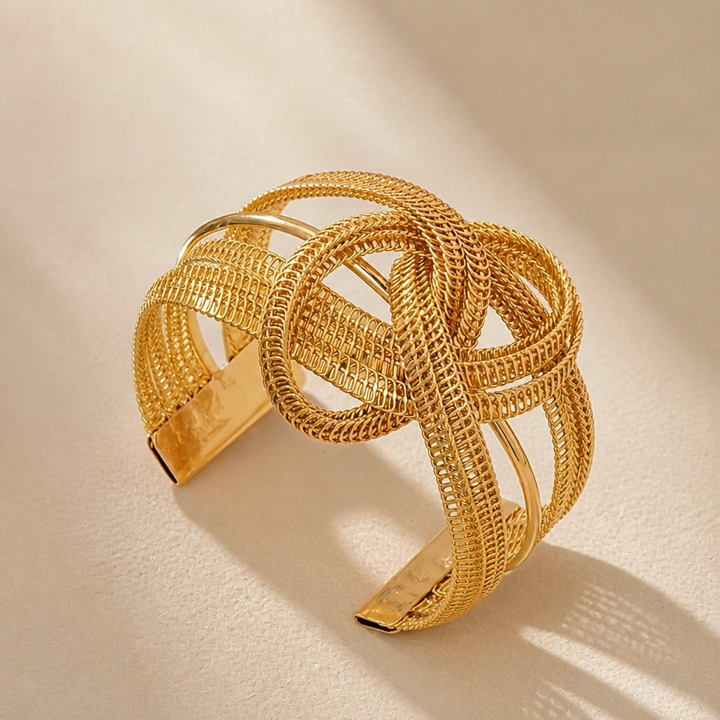 Geometric Open Cuff Bracelet with Interlocking Woven Mesh Bands — view 2