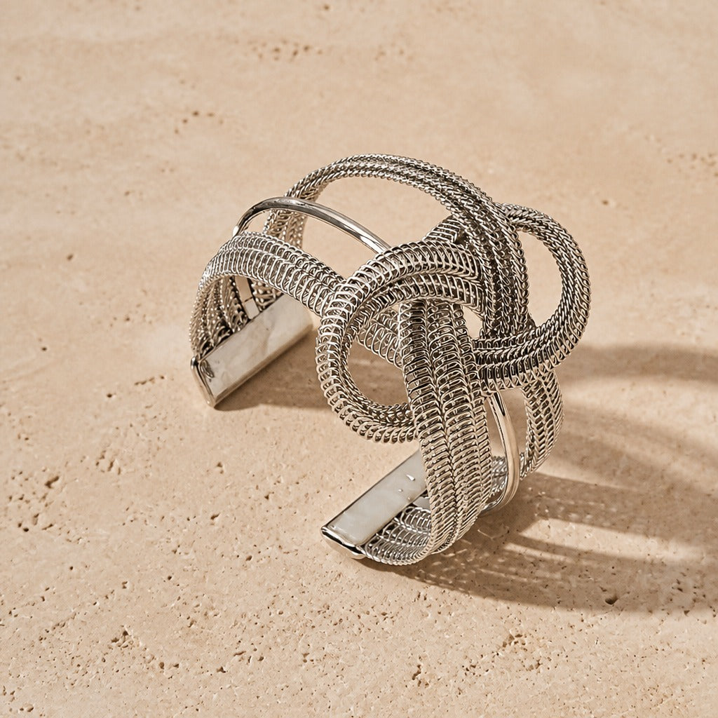 Geometric Open Cuff Bracelet with Interlocking Woven Mesh Bands — view 3