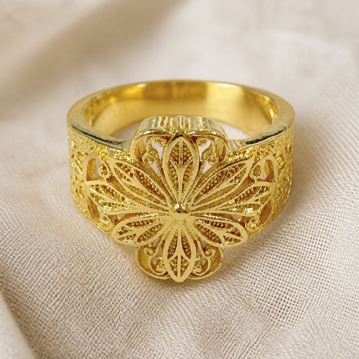 Floral Filigree Gold-Tone Statement Ring with Open Bloom Design — main image