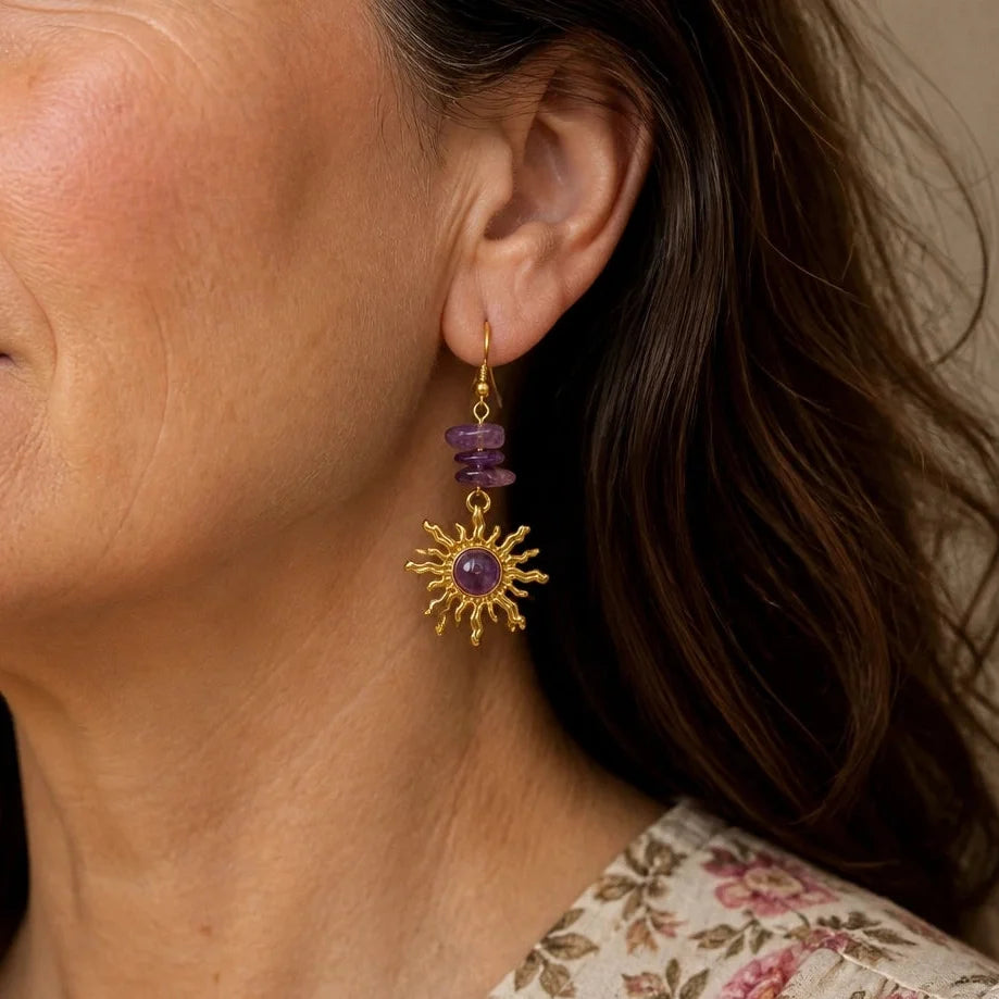 Sun Charm Amethyst Drop Earrings with Gold-Tone Beads
