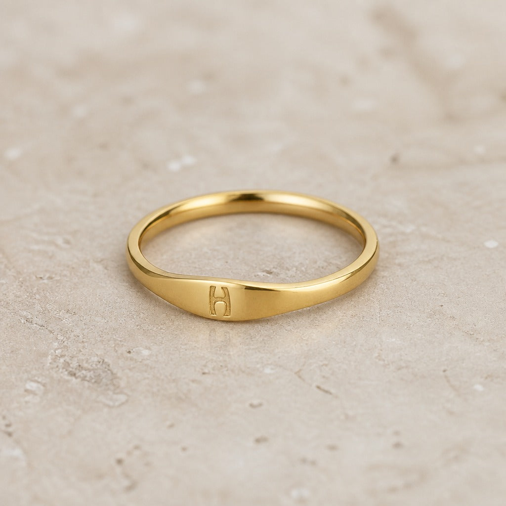 Personalized Initial Letter Signet Ring, Oval Band in Gold Tone — view 8