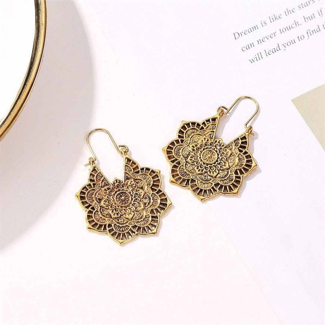 Lotus Mandala Drop Earrings with Layered Petal Design, Gold or Silver Tone — main image