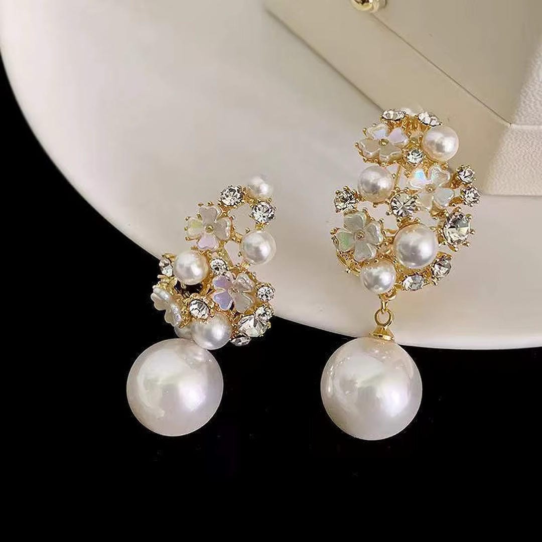 Floral Pearl Cluster Drop Earrings with Crystal Accents — view 2