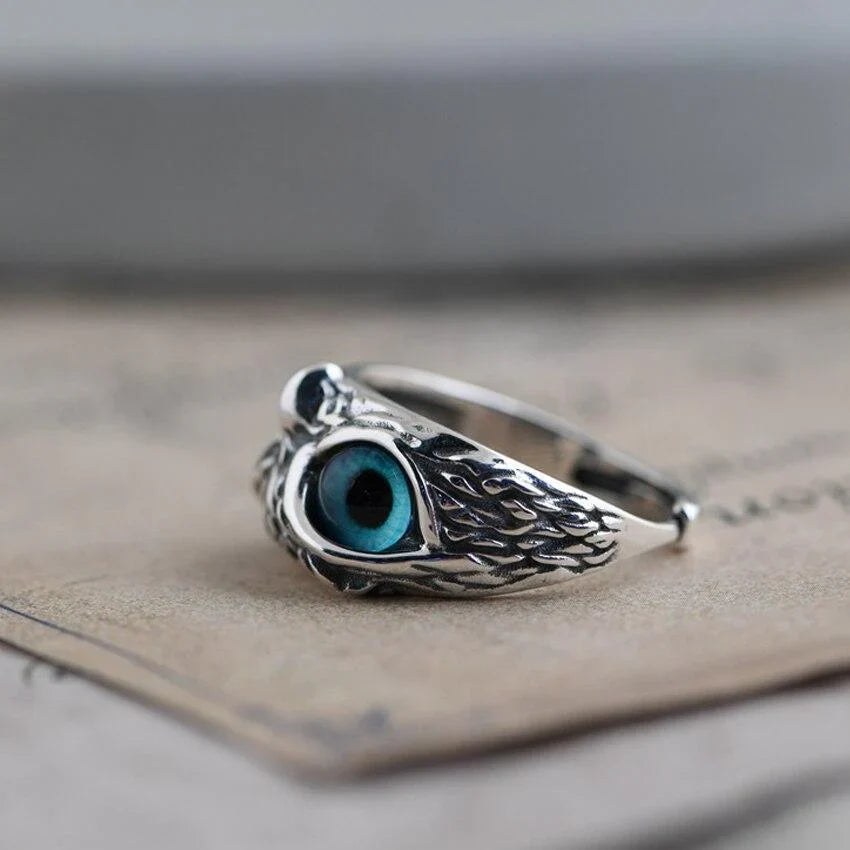 Owl Statement Ring with Turquoise Eyes and Antique Silver Finish — view 5