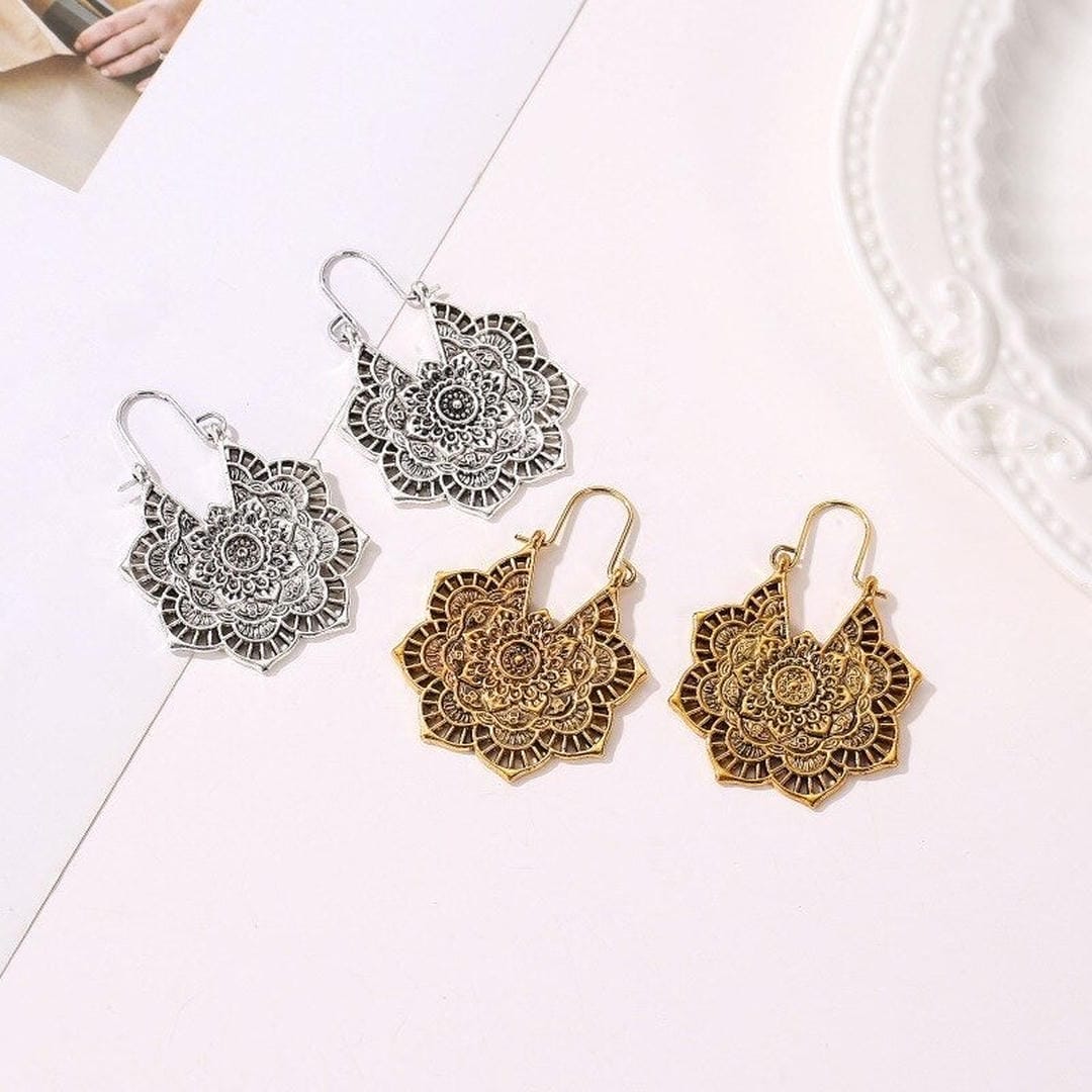 Lotus Mandala Drop Earrings with Layered Petal Design, Gold or Silver Tone — view 3