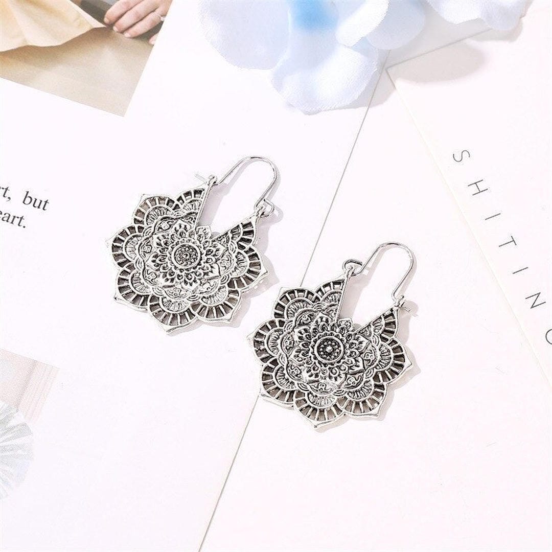 Lotus Mandala Drop Earrings with Layered Petal Design, Gold or Silver Tone — view 2