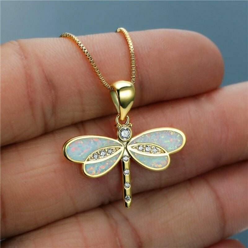 Dragonfly Opal Pendant Necklace with Gold-Tone Chain and Cubic Zirconia Accents — view 2