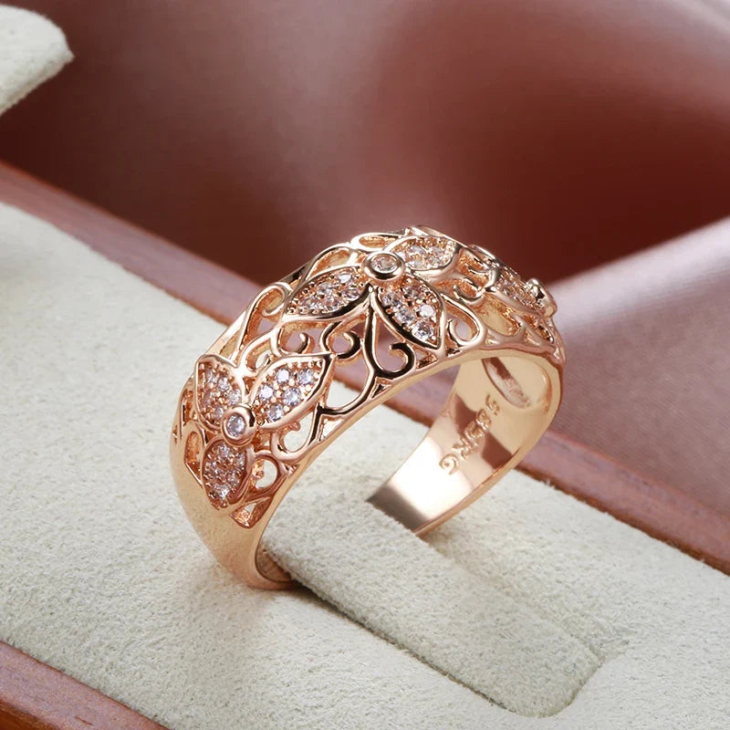 Floral Filigree Cubic Zirconia Cocktail Ring with Rose Gold Tone Band — view 2