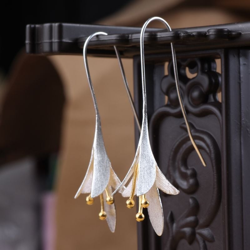 Bell Flower Drop Earrings with Silver and Gold-Tone Finish — main image