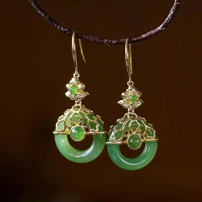 Jade and Tourmaline Drop Earrings with Gold-Tone Filigree Detail — main image