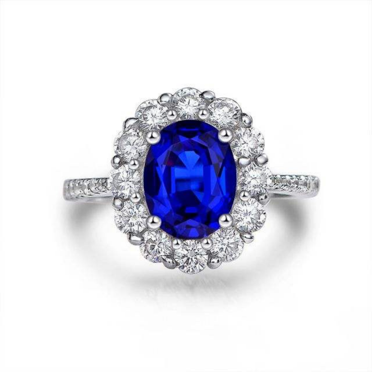 Oval Blue Sapphire Halo Ring with Pavé Cubic Zirconia Band — view 2