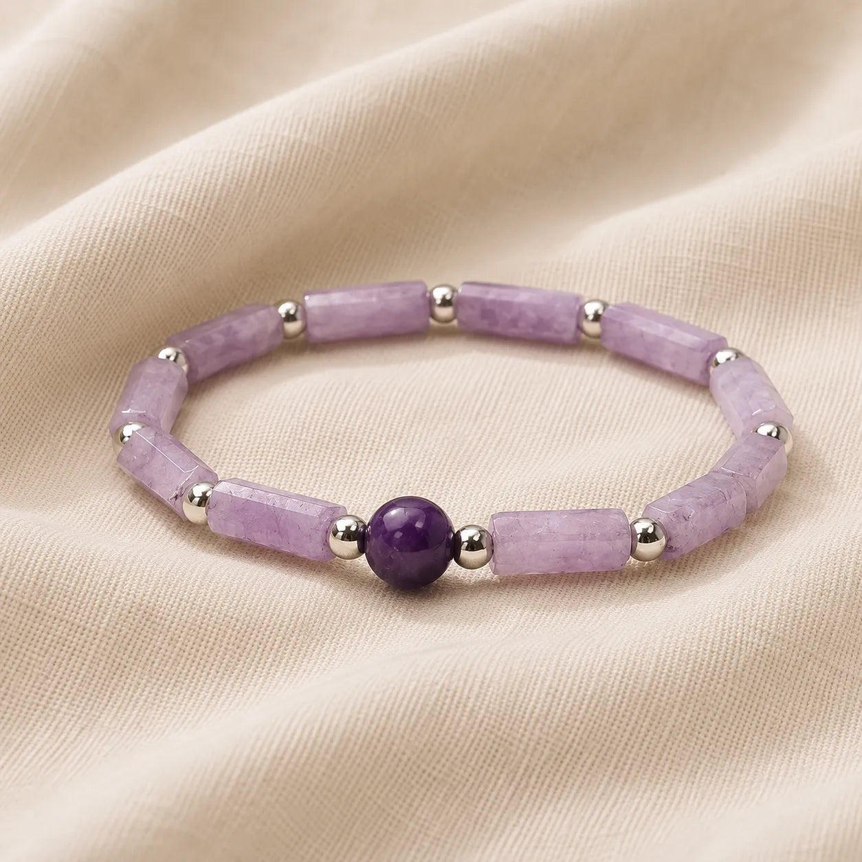 Amethyst Beaded Stretch Bracelet with Silver-Tone Accents